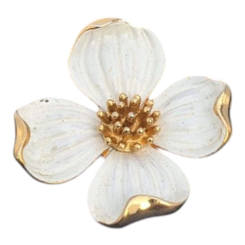 Vintage Trifari Crown Gold Tone White Enamel Dogwood Shape Pin Brooch‎